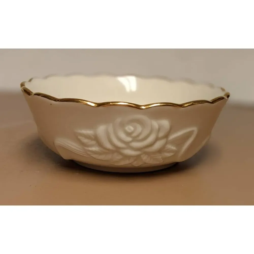 Lenox Vintage Porcelain Rose Bowl with Gold Metal Rim Cream Color Shallow Dish